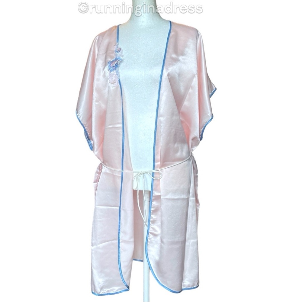 Vintage 80’s Val Mode Lingerie Pink With Blue Trim Floral Appliqué Robe Kimono